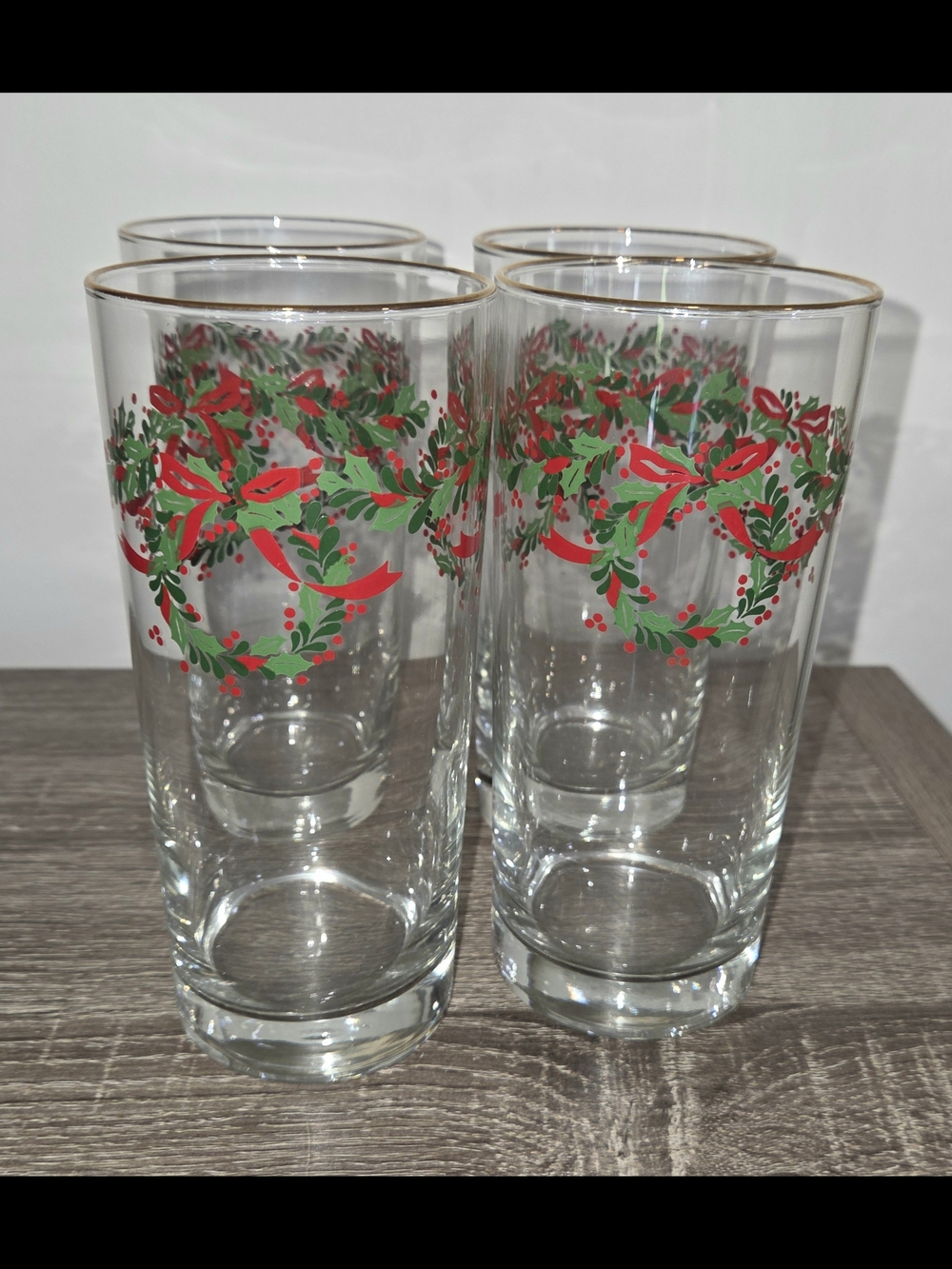 Set of 4 Vintage Libbey Irish Christmas Holly Wreath Ribbon Glasses Gold Trim SE